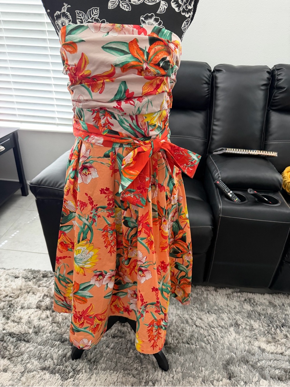 White House Black Market Orange/Cream Smocked Floral Dress w/removable straps - Picture 11 of 12